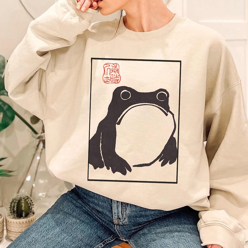 Unimpressed Frog Sweatshirt Japanese Aesthetic by Matsumoto Hoji, Organic Unisex Sweatshirt, Vintage Style Art Sweatshirt image 2