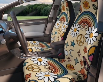 Tęczowy pokrowiec na fotel samochodowy Peace & Love Hippie Retro Boho dla kobiet, uniwersalny, uroczy kolorowy kwiatowy pokrowiec na przednie siedzenie kubełkowe do samochodu