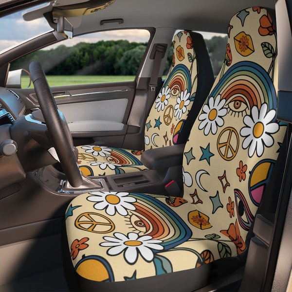 Rainbow Peace & Love Hippie Retro Boho Car Seat Cover For Women, Universal Fit Cute Colorful Floral Front Bucket Seat Cover For Car Vehicle