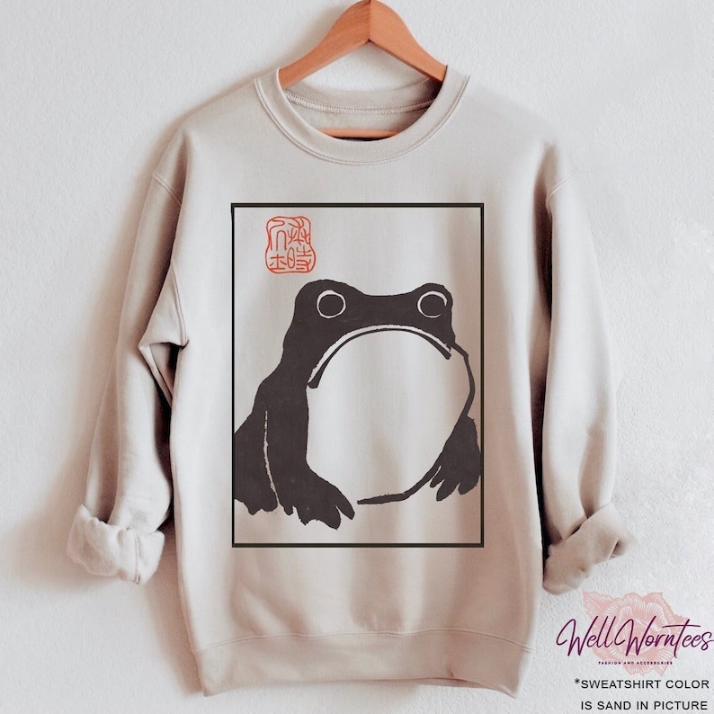 Unimpressed Frog Sweatshirt Japanese Aesthetic by Matsumoto Hoji, Organic Unisex Sweatshirt, Vintage Style Art Sweatshirt image 1