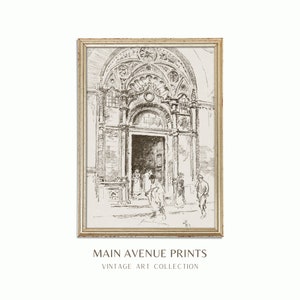 Vintage European Building Illustration | Vintage Architectural Illustration | Neutral Black and White Wall Art | Printable Art | Simple Art