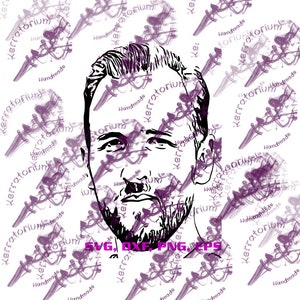 Puede incluir: Retrato en blanco y negro de un hombre con barba y pelo corto, realizado con líneas. La imagen tiene el texto "SVG, DXF, PNG, EPS" en la parte inferior.