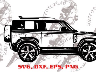 May include: A black and white silhouette of a Land Rover Defender SUV. The vehicle is shown in profile view with the driver's side facing the viewer.
