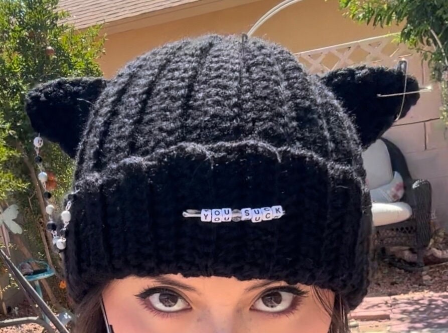 You Suck Black Crochet Cat Beanie - PayMoneyWubby Collection
