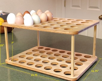 LARGE 70 count egg holder tray for countertop, food safe waxed wood, drip dry, rubber feet, plenty of room, easy assembly! Backyard chickens