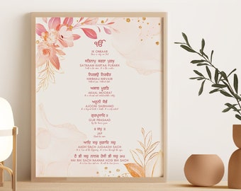 Mool Mantar Art en traducción y significado al inglés, Arte sikh, Mool Mantar minimalista, Oración sikh, Ek Onkaar, Mool Mantar con arte significativo