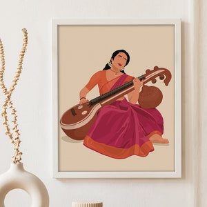 Veena Art, Indian Wall Art, Desi Art, Saraswati Veena, Indian Woman Art, South Asian, Musical instrument Decor, Tamil Girl, Musician Gift