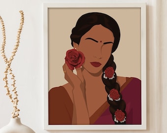Indian Art, Desi Art, Indian Wall Art, South Asian Woman Art, Tamil Girl Art, South Indian Art, Desi Prints, Telugu Art, Brown Girl in Saree