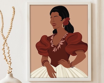 Arte mural mexicano, Impresión de mujer mexicana, Arte hispánico, Arte folclórico, Mes de la Herencia Hispana, Impresiones de arte popular latino, Retrato latinoamericano