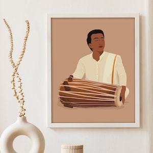 Indian Man playing Mridangam Wall Art, Desi Art, South Indian Art, South Asian Print, Musical instrument Decor, Tamil Art, Gift for Musician
