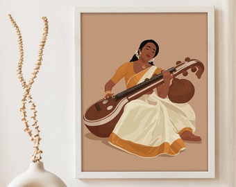 Veena Art, Indian Woman Wall Art, Desi Art, Saraswati Veena, South Indian, South Asian, Musical instrument Decor, Tamil Girl, Musician Gift