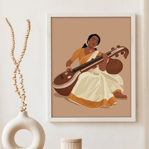 Veena Art, Indian Woman Wall Art, Desi Art, Saraswati Veena, South Indian, South Asian, Musical instrument Decor, Tamil Girl, Musician Gift