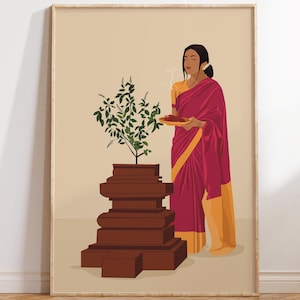 Tulsi Pooja Art, Tulsi Plant Art, Desi Art, Tamil Art, South Indian, Hindu Art, Indian Woman & Tulasi, Holy Basil, South Asian, Brown Girl