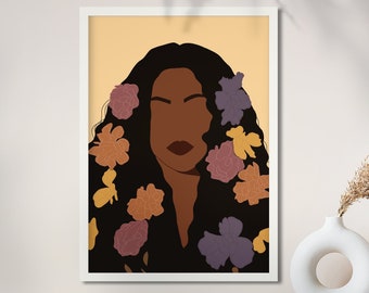 Black Art, African Art, Flower Head Woman, African American Art, Black Woman Art, Boho Wall Art, Fashion print digital, Boho Woman Wall Art