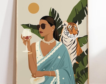 Modern Indian Woman Drinking Art, Desi Art, Indian Wall Art, South Asian Art, Partying Art, Brown Girl, South Asian Prints, Digital Download