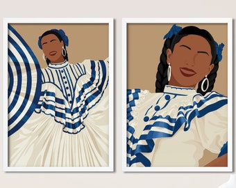 Set of 2 El Salvador Art Print, Salvadoran Woman Poster, Salvador Traditional Portrait, Salvadorean, Central American, Hispanic Art, Latino
