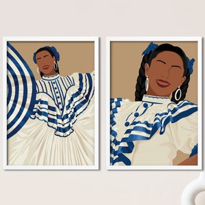 2er-Set El Salvador Kunstdruck, Salvadorianische Frau Poster, Salvador Traditionelles Porträt, Salvadorianische, mittelamerikanische, spanische Kunst, Latein