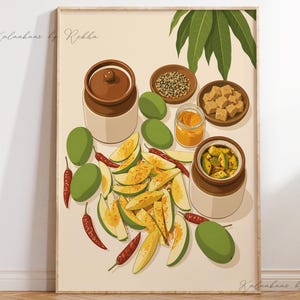 Peut inclure: Une impression d'art verticale illustrant des mangues vertes, des piments rouges et des tranches de mangue. Deux pots en céramique brune, dont un ouvert, sont présentés avec des bols d'épices et un bocal en verre contenant du curcuma jaune.