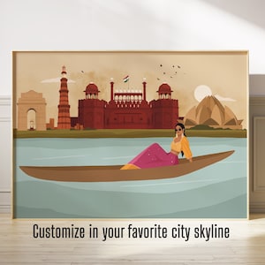 Indian Woman Wall Art - Customise your City Skyline, Desi Art, Modern Indian Art, South Asian Print, Brown Girl, Retro, American Indian Art
