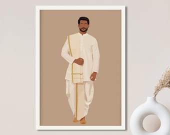 May include: A digital illustration of a person wearing a white kurta and a cream-colored dhoti with a gold border. The person is standing against a light brown background.