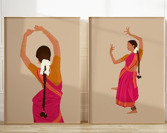 Puede incluir: Dos ilustraciones enmarcadas de una mujer con un sari rosa y dorado realizando una danza tradicional india. La mujer de la izquierda está de espaldas al espectador, mientras que la mujer de la derecha está de frente al espectador.