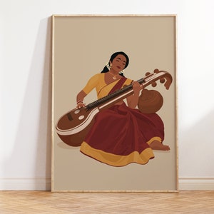 Veena Art, Indian Woman Wall Art, Desi Art, Saraswati Veena, South Indian, South Asian, Musical instrument Decor, Tamil Girl, Musician Gift