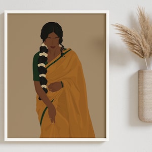 Indian Art, Desi Art, Indian Wall Art, South Asian Woman Art, Tamil Girl Art, South Indian Art, Desi Prints, Telugu Art, Brown Girl in Saree