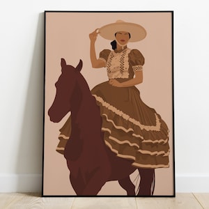 Mexican Cowgirl Art, Hispanic Woman Art, Horse Girl Art, Folklore, Escaramuza Charra Woman, Latino Art, Latin American, Gift for Horse Lover