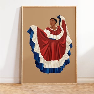 Costa Rican Woman Art, Hispanic Art, Folklore Art, Hispanic Heritage Month, Latino Art Print, Latin American Portrait, Mexico Wall Art Print