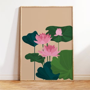 Boho Lotus Flower Print, Pastel Pink Minimalist Lotus Digital Art, Water Lilies Printable, Tropical Art, Lotus Botanical Leaf, Green Leaves