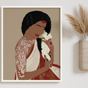 Bengali Woman Art, Kolkata Wall Art, Desi Art, South Asian Woman Art, White & Red Saree Art, Brown Girl, Indian Woman Art, Bengal Home Decor