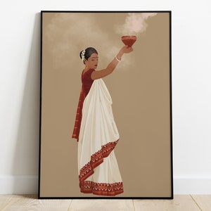 Bengalische Frau Dhunuchi Tanzkunst, Kolkata Wandkunst, Desi Kunst, südasiatische Frau in Saree, braunes Mädchen, indische Frau Kunst, bengalische Wohnkultur