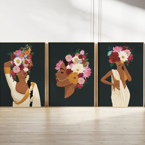 Set of 3 Modern Indian Woman Art, Flower Head Wall Art, Desi Art, Indian Art, South Asian Art, Brown Girl, South Indian Art, Tamil Poster