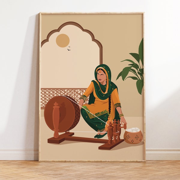 Punjabi Art, Charkha Spinning Art Print, South Asian Ethnic Home Decor, Desi Art, Indian Wall Art, Traditional Art, Punjabi Culture Portrait