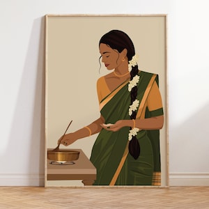 Indian Woman in Saree Cooking Art, Indian Mom Cooking Poster, Desi Art, South Asian Art, Brown Girl Art, Tamil girl, American Indian, Telugu