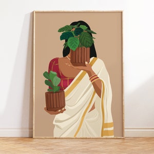 Desi Plant Mom Art, Botanical Art, Plant Lady Art, Desi Art, Indian Woman & Plant Art, Indian Art, South Asian Art, Brown Girl, Plant Lover