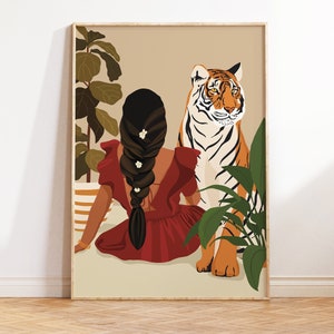 Indian Baddie Art, Indian Art, Indian Woman with Tiger Art, Tiger Print, Desi Art, South Asian Art, Brown Girl, Tamil girl, American Indian