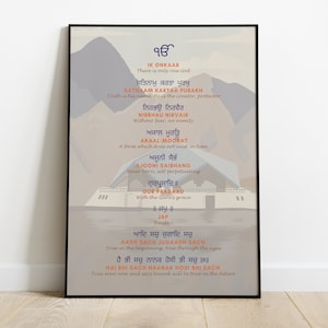 Mool Mantar in Hemkund Sahib background, Mool Mantar Art in English translation and meaning, Sikh Art, Minimalistic Mool Mantar, Sikh Prayer