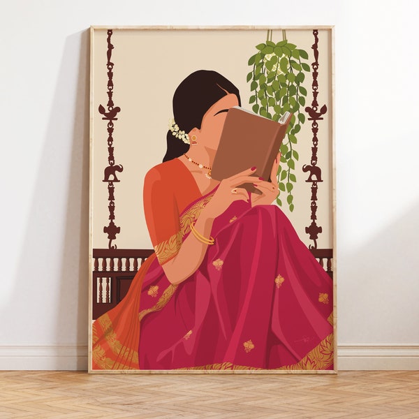 Indian Women In Saree Reading Book Art, Boho Art, Desi Art, Indian Book Lovers Wall Art, South Asian Art, Indian Art, Tamil Girl, Brown Girl