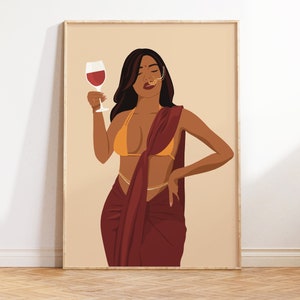 Modern Indian Woman Drinking Art, Desi Art, Indian Wall Art, South Asian Art, Partying Art, Brown Girl, South Asian Prints, Digital Download