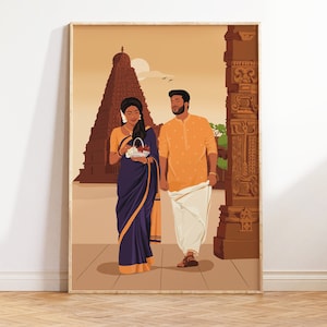 Indian Couple Wall Art, Desi Art, Indian Art, South Asian Home Decor, Brown Couple Portrait, South Indian, Valentines Gifts For him, For her