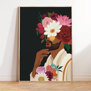 Indian Man Flower Head Wall Art, Desi Art, South Asian Man Art, Brown Men Portrait, South Indian Art, Tamil Home Decor, Indian Man in Dothi image 1