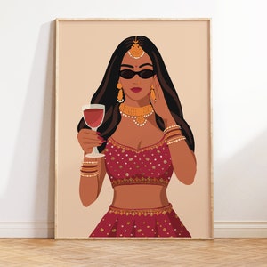 Mujer india moderna bebiendo arte, arte Desi, arte de la pared india, arte del sur de Asia, arte de fiesta, chica marrón, impresiones del sur de Asia, descarga digital