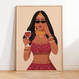Modern Indian Woman Drinking Art, Desi Art, Indian Wall Art, South Asian Art, Partying Art, Brown Girl, South Asian Prints, Digital Download