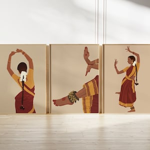 Set of 3 Bharatanatyam Art, Brown Girl Art, Desi Prints, South Asian Woman Art, Indian Wall Art, Tamil Girl Poster, Indian Classical Dancer