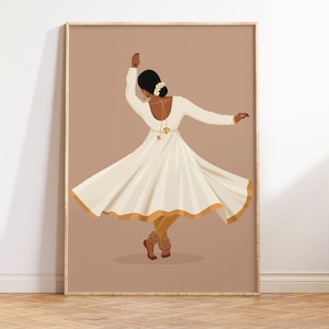 Kathak-danser print, Zuid-Aziatische kunst, bruin meisje kunst, kunst aan de muur India, Indiase vrouw poster, desi kunst, decor etnische huis, dansen van India