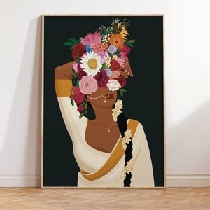 Indian Woman Flower Head Wall Art, Desi Art, Flower Woman Art, South Asian Art, Brown Girl, Modern Woman in Saree, South Indian Art, Tamil