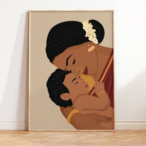 Mutter und Kind Kunstdruck, Mutterschaft Poster, südasiatische Kunst, indische Kunst, südindische Kunst, indische Mutter Geschenkidee, Desi Kunst, Muttertagsgeschenk