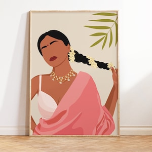 Desi Art, Indian Art, Modern Indian Woman in Saree Art, Brown Girl Art, South Asian Art, Tamil Girl Art, South Indian Art, Telugu Art, Pink