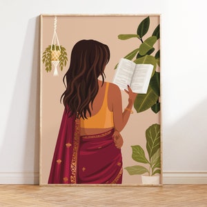 Indian Women In Saree Reading Book Art, Indian Wall Art, Desi Art, South Asian Art, Tamil Girl, Brown Girl, Plant Mom Print, Book Lovers Art